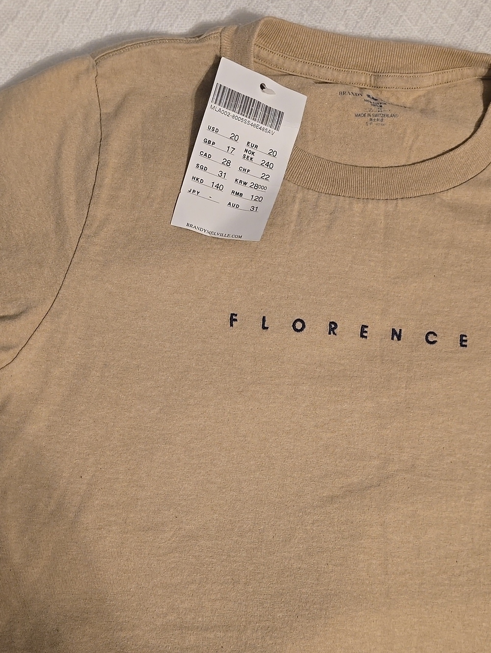 Brandy Melville Beige Florence Embroidered Cotton Tee